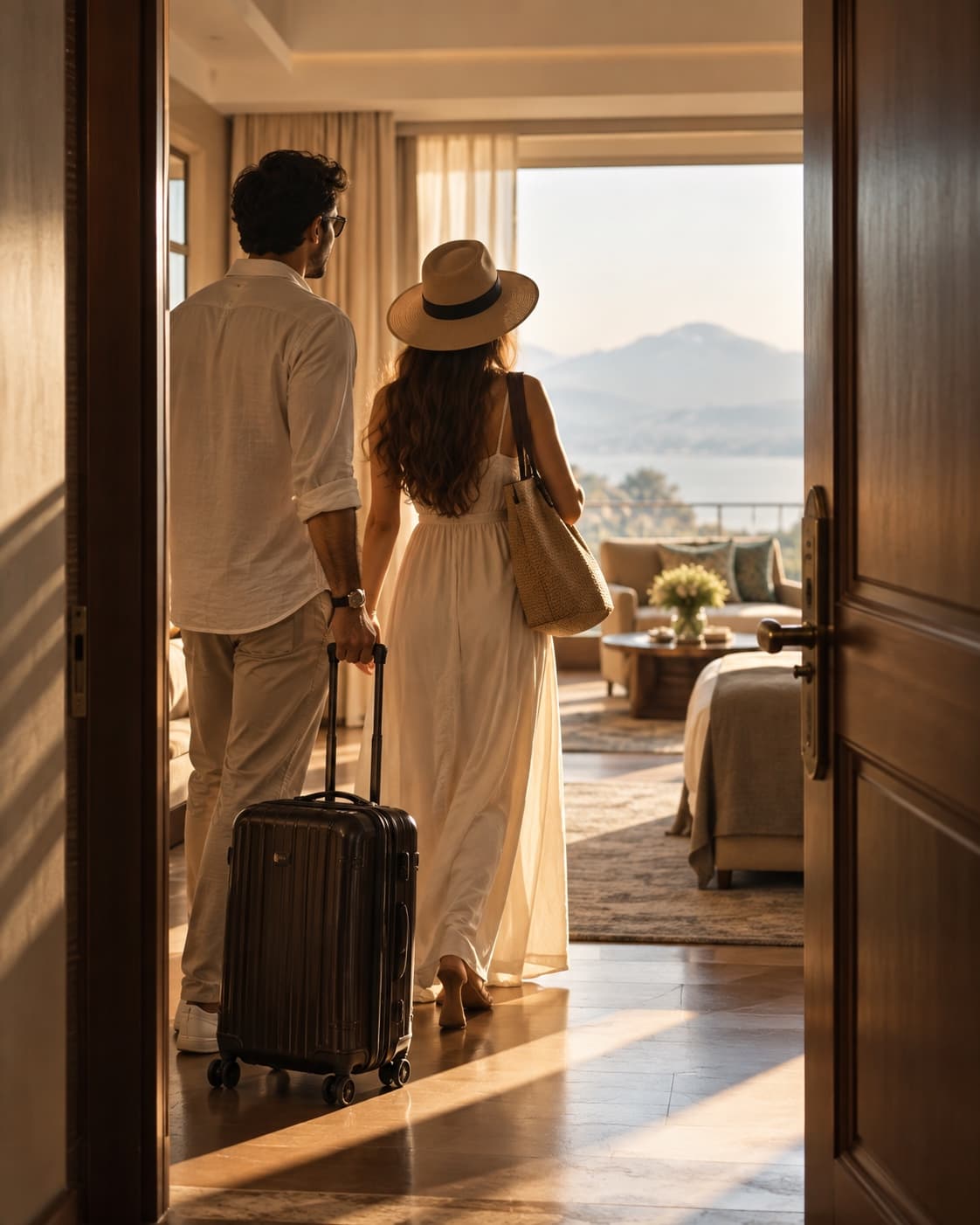 A couple walking into their suite with luggage, an ocean view framed through the open door ahead of them.