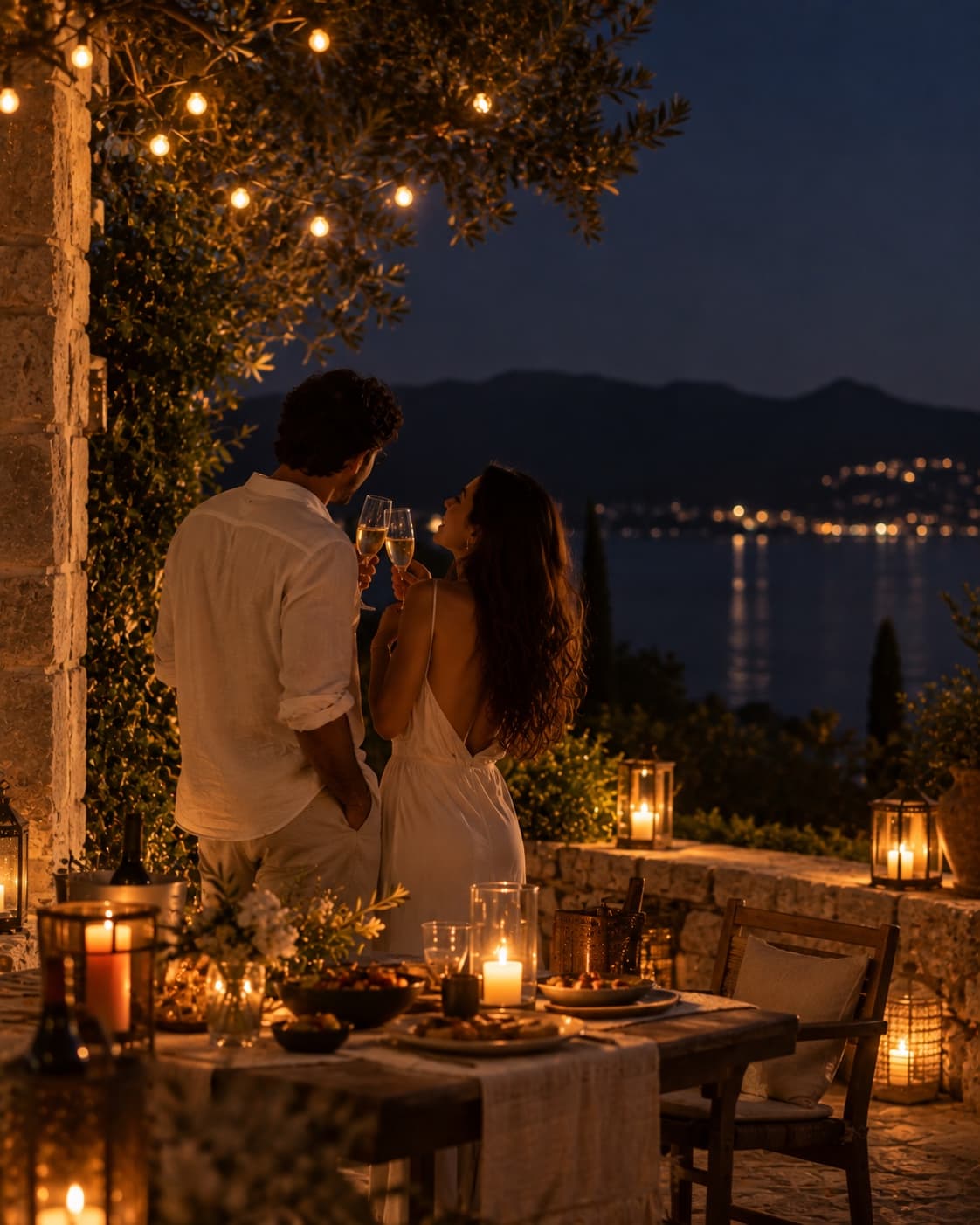 A couple toasting with champagne under string lights at an intimate outdoor dinner at night.