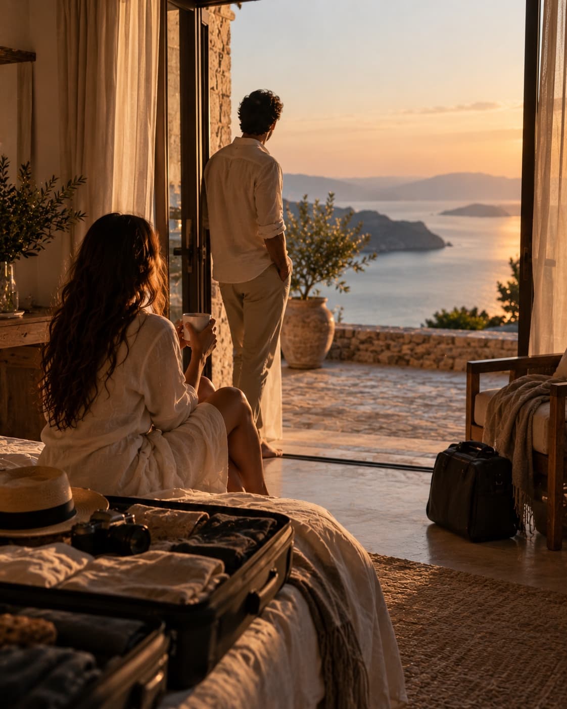 A couple on their last morning, coffee in hand on the terrace bed, packed bag and camera close by.