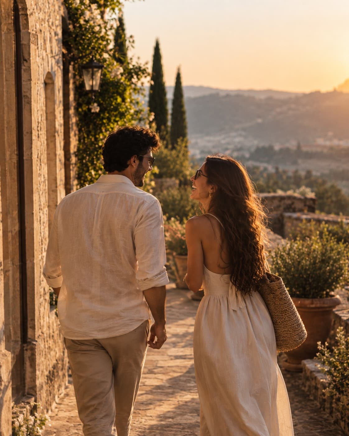 A couple walking hand in hand along a sunlit stone lane, glancing back at each other mid-laugh.
