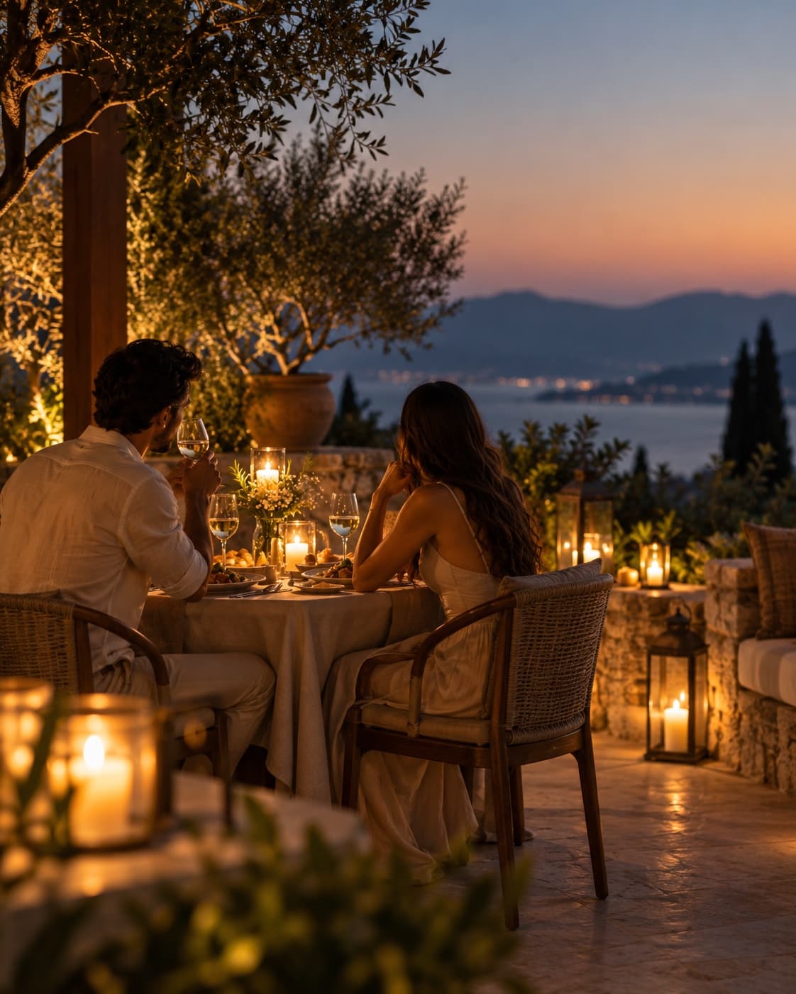 A couple seated at a candlelit table for two on a terrace at dusk, wine glasses raised, the coastline fading behind them.