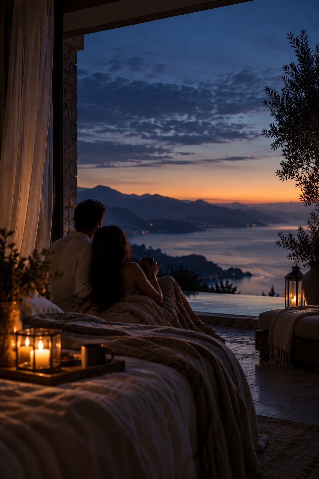 A couple at blue hour, seated at the edge of a bed looking out toward a lantern-lit terrace and pool.