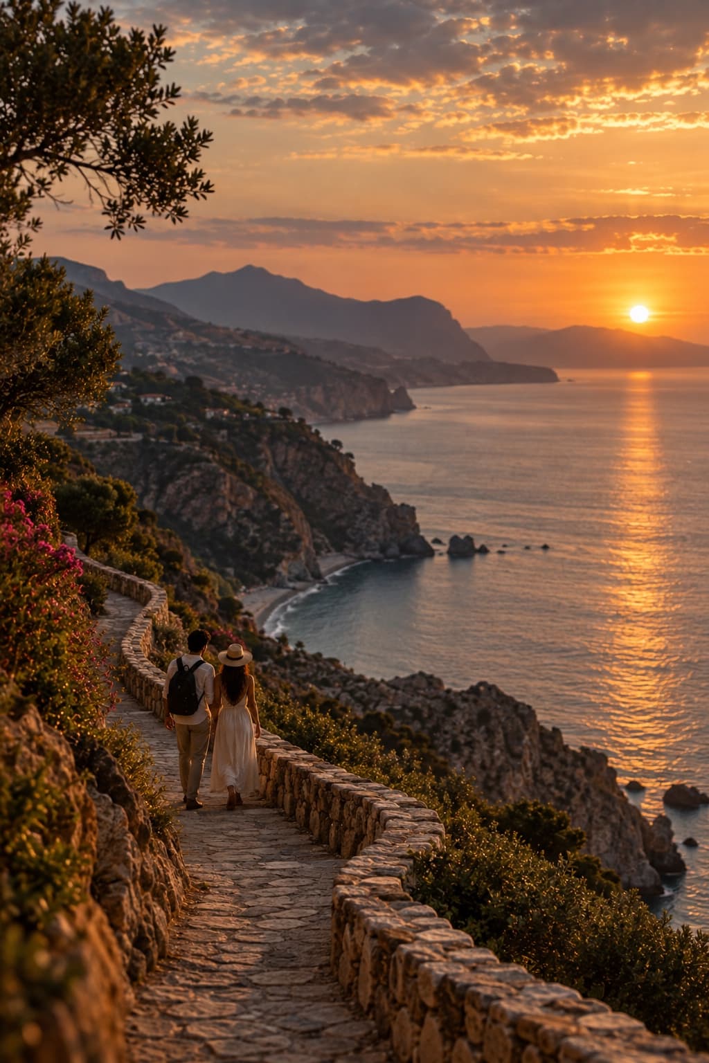 A couple descending a cliffside stone path at sunset, a harbour and sea framed far below.
